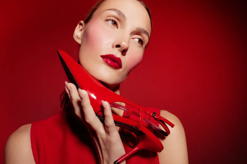 Stylish woman with red lipstick holds red high heel shoe near face on red background. Concept of fashion, beauty, glamour, and elegance with vibrant color contrast and studio lighting.