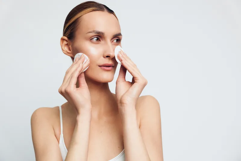 Young woman removes makeup with cotton pads on her face in a bright studio setting, she stays relaxed and focused, hair pulled back, soft lighting highlighting clear skin