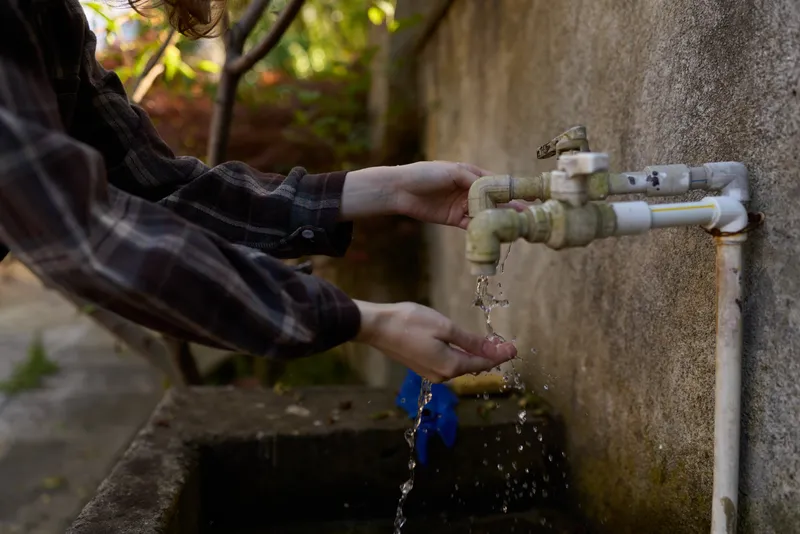 A young woman washes her hands under an outdoor faucet, water splashing into a concrete basin, capturing a moment of everyday self care and personal hygiene