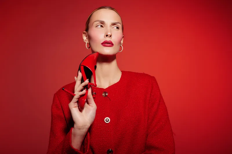 Elegant woman in red coat poses against red background, holding collar with hand. Studio portrait with bright makeup and hoop earrings. Concept of fashion, style, and confidence.