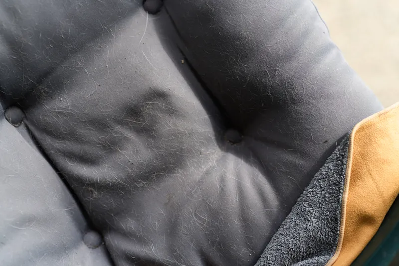 Closeup of a worn black cushion with button tufting and visible texture on a chair, showing fabric details and soft folds under natural light.