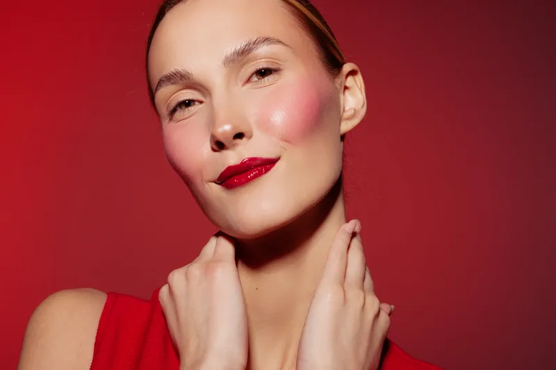 Confident woman with red lipstick and glowing skin poses against red background. Close-up portrait highlights makeup, beauty, and elegance with soft lighting and smooth complexion.