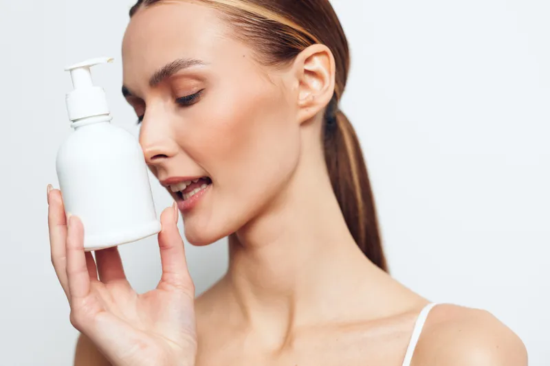 Young woman with clear skin holding white cosmetic bottle near face, skincare routine concept, natural makeup, soft lighting, clean background, beauty care product