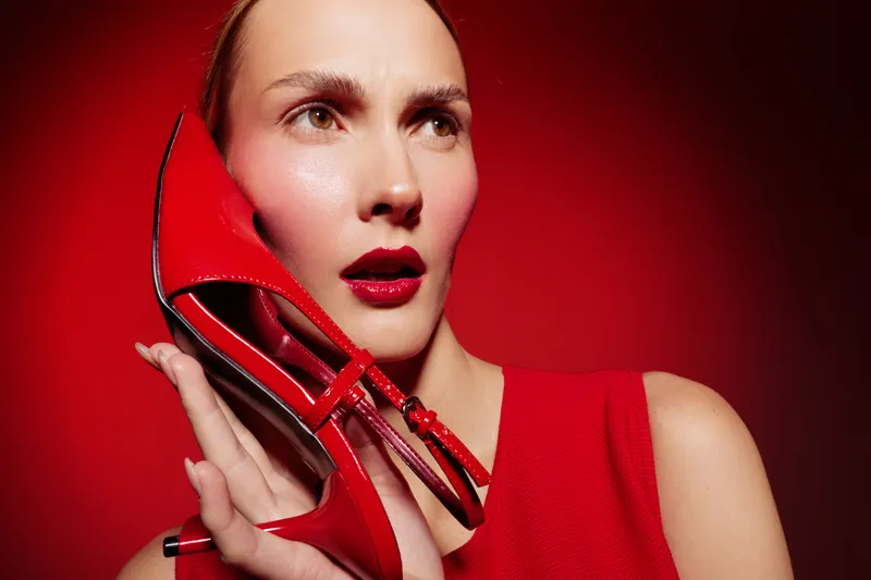 Woman in red dress holds red high heel shoe near face against red background. Fashion concept with bold makeup and stylish accessory in studio lighting for beauty and glamour.