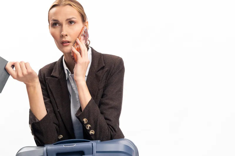A serious businesswoman in formal jacket talks on phone while holding passport and suitcase. White background with studio lighting. Concept for travel, business trip, and communication.