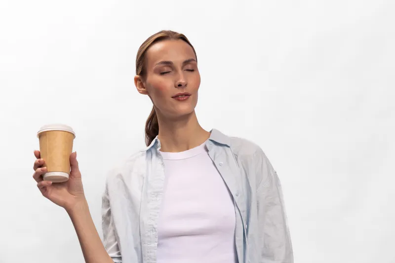 Young woman with closed eyes holds a paper cup, wearing casual light shirt and white top. Concept for relaxation, coffee break, and calm moments in everyday life.