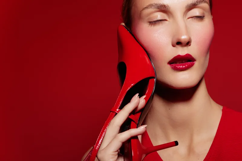 Close-up of a woman with red lipstick holding a red high heel shoe near her face against a red background. Concept of fashion, beauty, and bold style with vibrant colors.