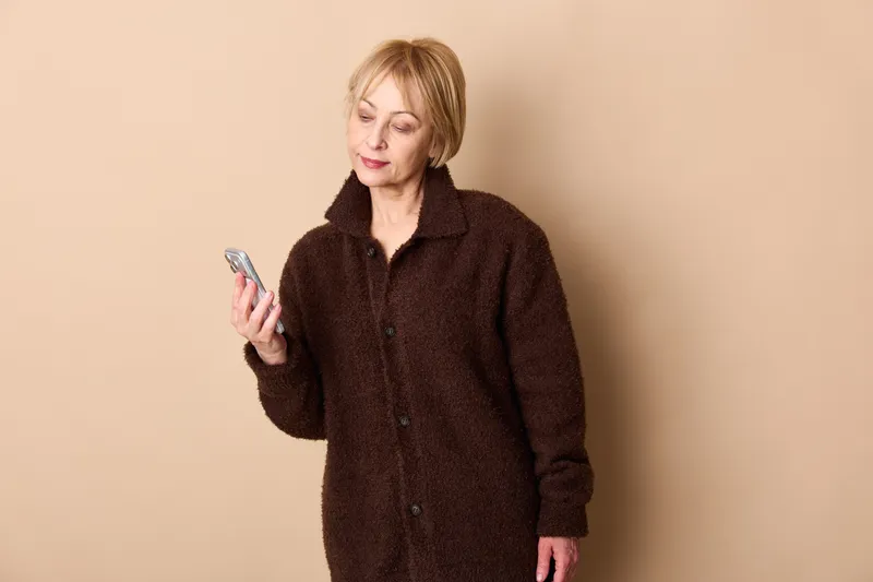 Woman with smartphone using texting app, casual sweater portrait on beige studio background. Soft lighting, relaxed lifestyle, modern communication moment.