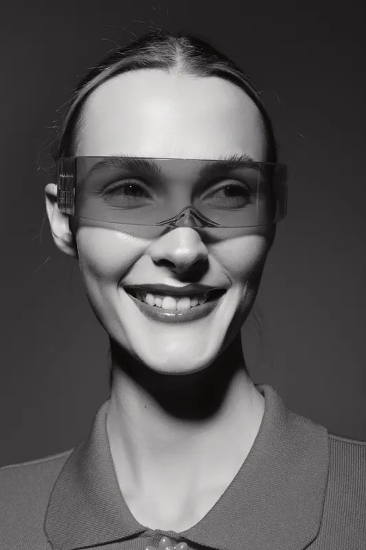 Smiling young Caucasian woman with fair skin wearing large transparent glasses in studio with dark background.