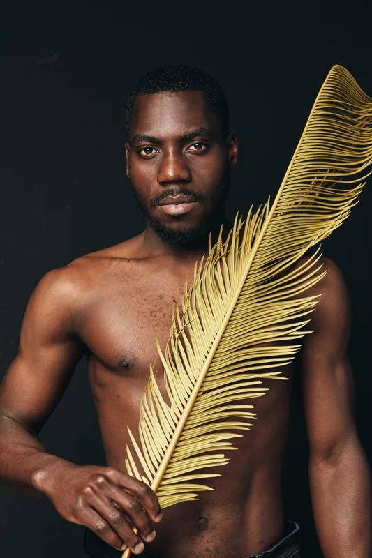 African man with dark skin holding large golden palm leaf in creative conceptual visual style. Portrait of shirtless male model with serious expression on black background for artistic photo series.