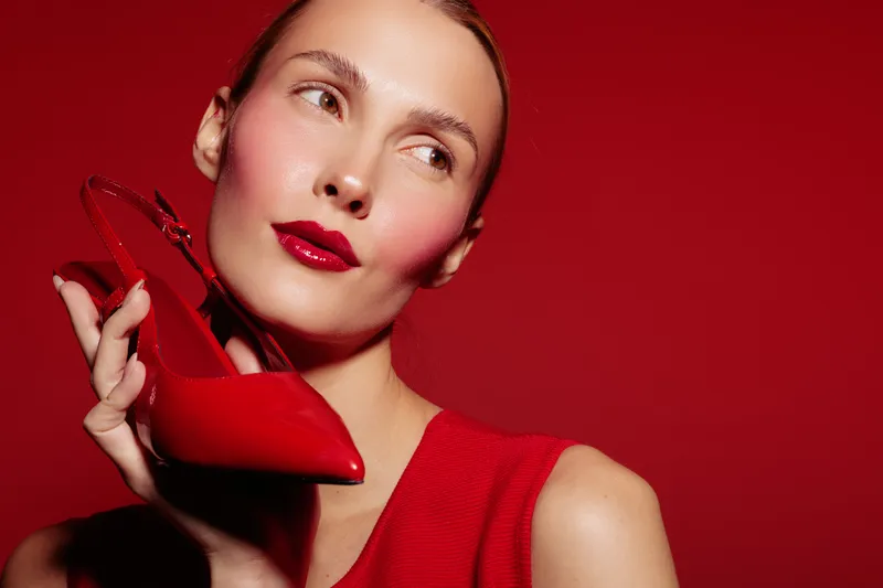 Woman with red lipstick and red dress holds red high heel shoe near face on red background. Concept of fashion, style, elegance, and beauty with monochrome color scheme.