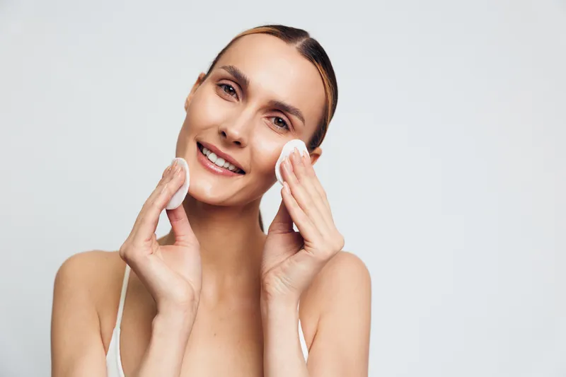 A smiling young woman with clear skin gently cleanses her face with cotton pads in a bright studio. Concept for skincare, beauty routine, and healthy lifestyle.