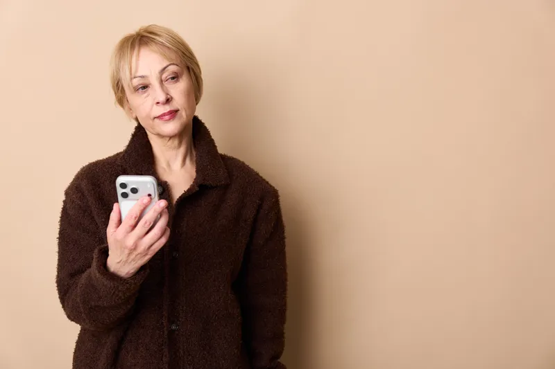 woman smartphone portrait beige elderly communication technology indoors coat blonde, mature woman holds smartphone in studio, calm serious expression, beige background, casual coat for winter,