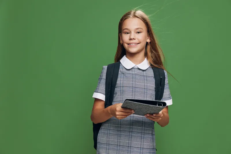 Girl smiling with digital tablet and backpack standing against green background for education, technology, learning and school concept in studio.
