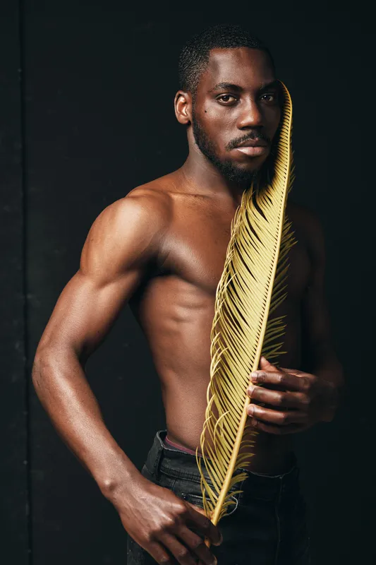Black man with muscular body holding golden palm leaf in creative conceptual visual style. African ethnicity, artistic portrait with dark background and strong lighting for contrast.