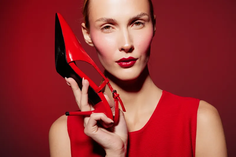Stylish woman in red dress holds red high heel shoe near face against red background. Fashion concept with bold makeup and elegant accessories in studio lighting.