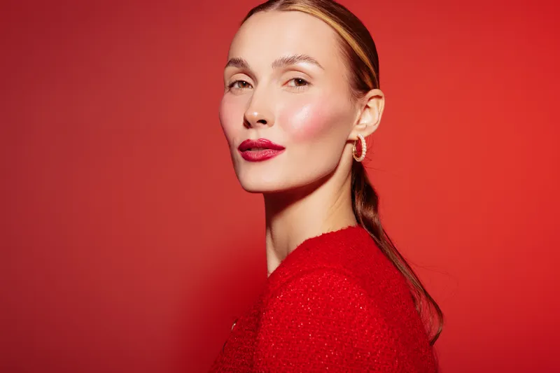 Portrait of confident woman with red lipstick and earrings wearing red sweater against red background. Concept of fashion, beauty, elegance, and bold style in studio lighting.