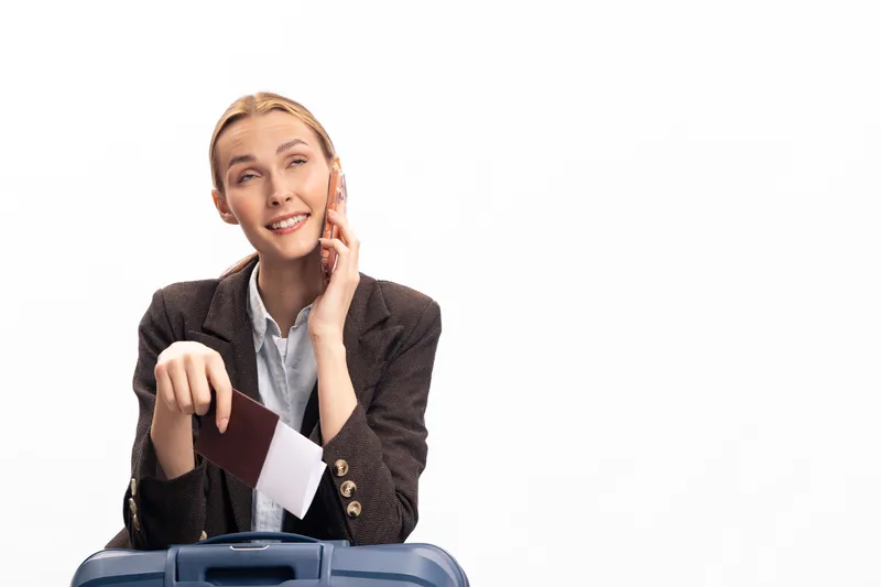 Young woman in blazer holding passport and ticket smiles thoughtfully while sitting behind blue suitcase on white background. Concept of travel, vacation planning, and tourism.