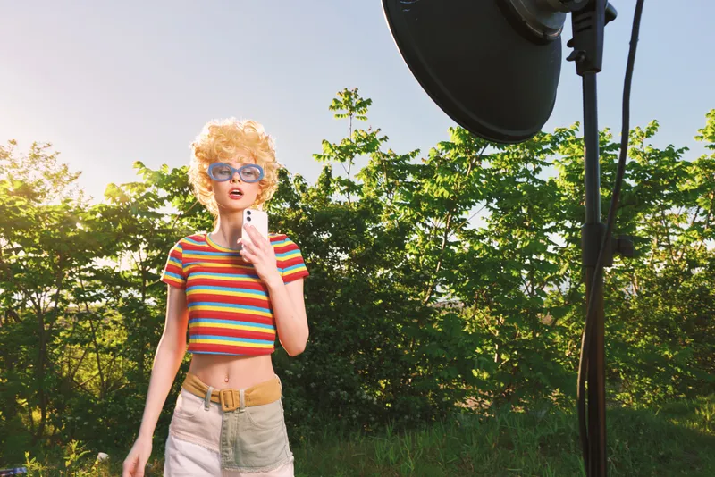 Cheerful woman outdoors wearing a striped crop top and beige shorts, posing with a selfie under sunny light, retro film color, relaxed lifestyle, natural greens in the background