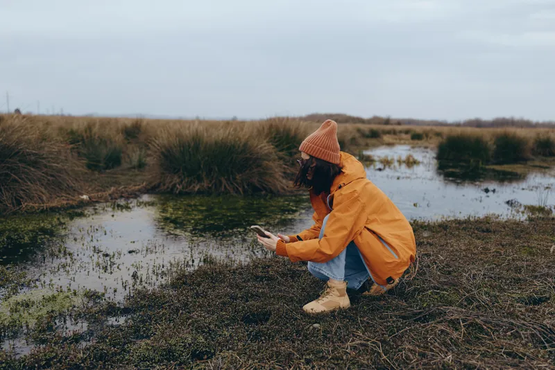 Woman lifestyle outdoors kneeling raincoat hat duck marsh feeding nature, woman in yellow raincoat kneels on muddy riverbank, offers bread to ducks, overcast sky, wet reeds and water reflections,