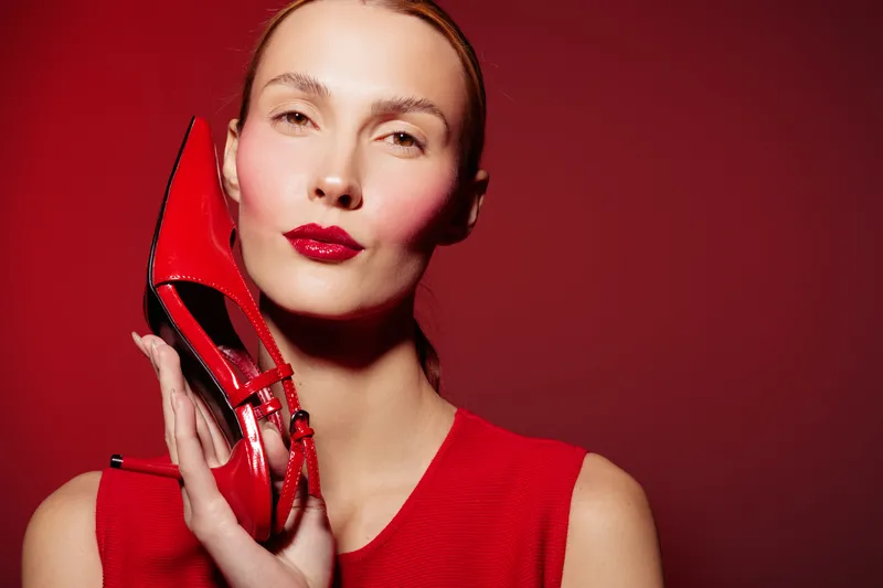 Elegant woman in red dress holds shiny red high heel shoe near face on red background. Concept of fashion, style, glamour, and beauty with vibrant color contrast.