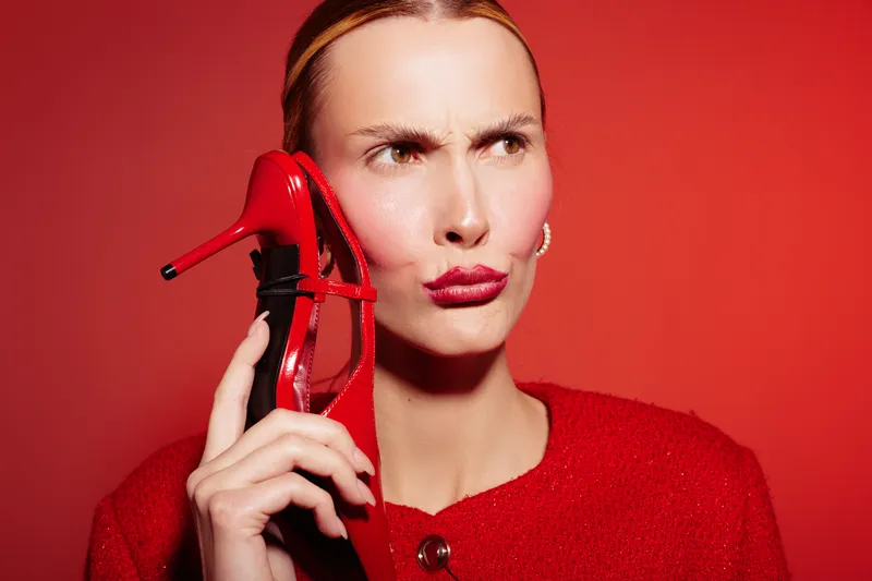 Confused woman in red sweater holds red high heel shoe near face on red background. Concept for fashion, style, emotions, and creative portrait photography.