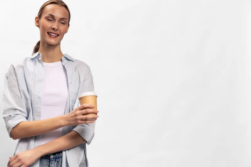 Young woman in casual clothes holds disposable coffee cup smiling with closed eyes. White background, relaxed mood and morning coffee concept for lifestyle and leisure.