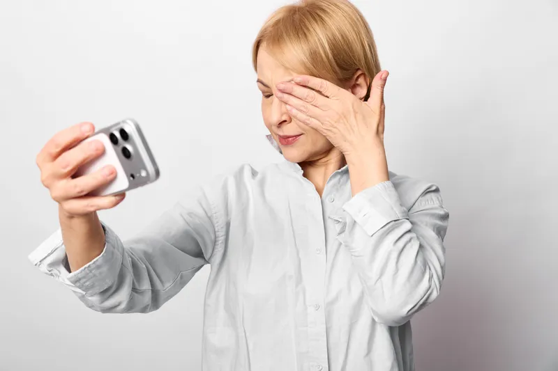 Woman with smartphone taking a selfie shows headache pain, hand on forehead and face, emotion of stress, studio white background, close.