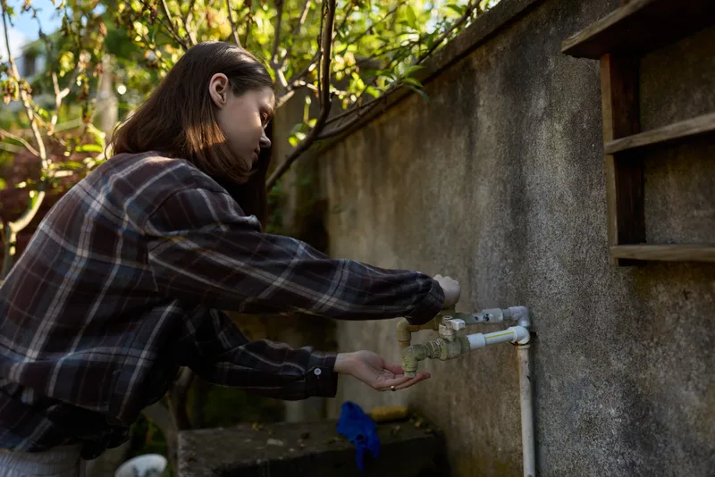 A woman in a plaid shirt washes her hands under an outdoor faucet in a sunlit backyard, capturing a simple daily routine and self care moment of calm