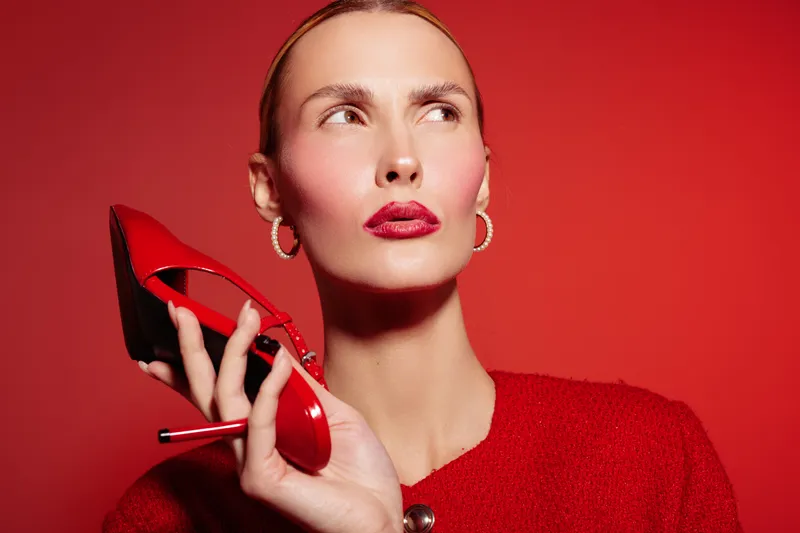 Stylish woman in red sweater holds red high heel shoe near face on red background. Fashion concept with bold makeup and confident expression in studio lighting.