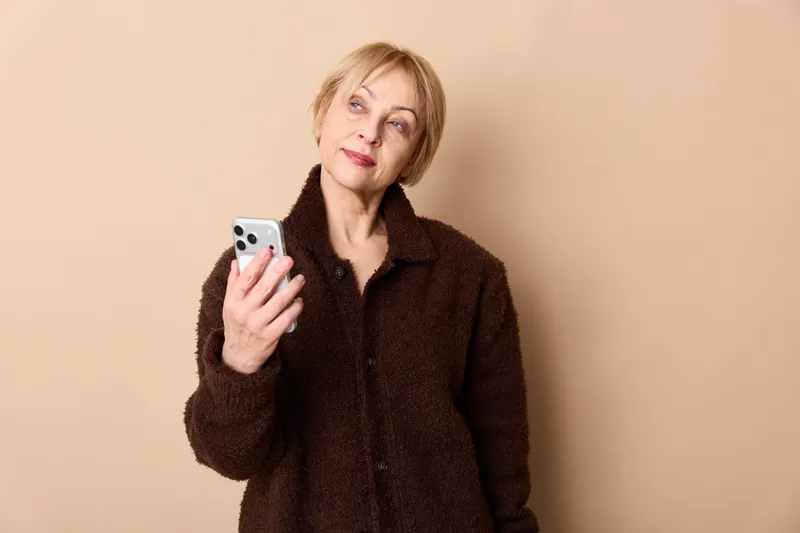 Smiling mature woman with short blonde hair holding a smartphone in a studio portrait on a warm beige background, casual fleece jacket, friendly online communication, soft light