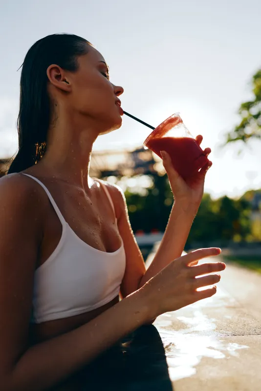 Young woman in a white sleeveless top relaxes by a sunlit pool, sipping a red drink through a straw with a soft breeze and a calm, confident mood.