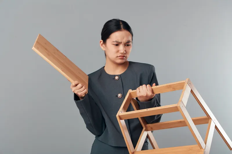 Woman holding broken wooden shelf looking frustrated and confused with isolated gray background. Female adult in formal suit dissatisfied with damaged furniture piece indoors.
