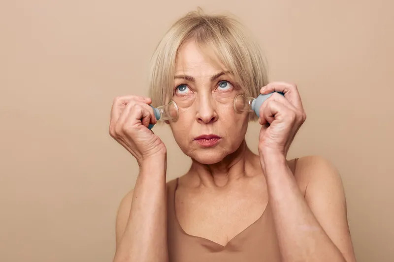 Mature woman with blonde hair applies facial massage cups under eyes in neutral background. Concept of skincare, anti aging treatment, self care, wellness routine and beauty therapy.