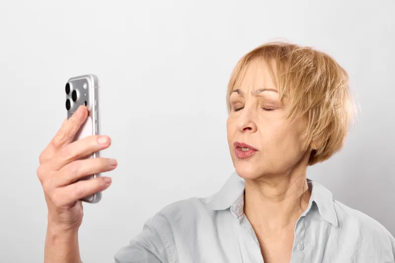 Senior woman with tired face holds smartphone, showing stress and anxiety during communication and social media use in a bright neutral room.