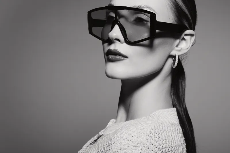 Elegant white woman with pale skin wearing large geometric sunglasses and textured sweater, posing in studio with neutral background.