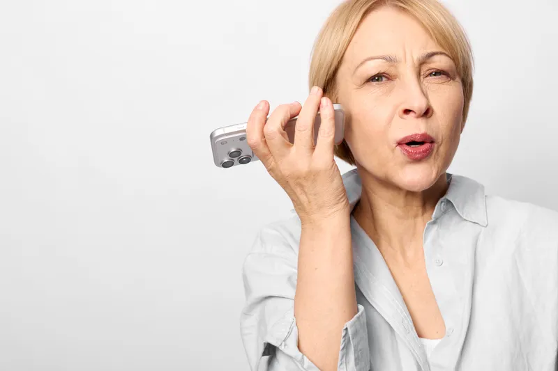 Elderly woman holds a smartphone near her ear, answering a call, talking in a senior communication moment, indoors studio light, gray hair, calm expression