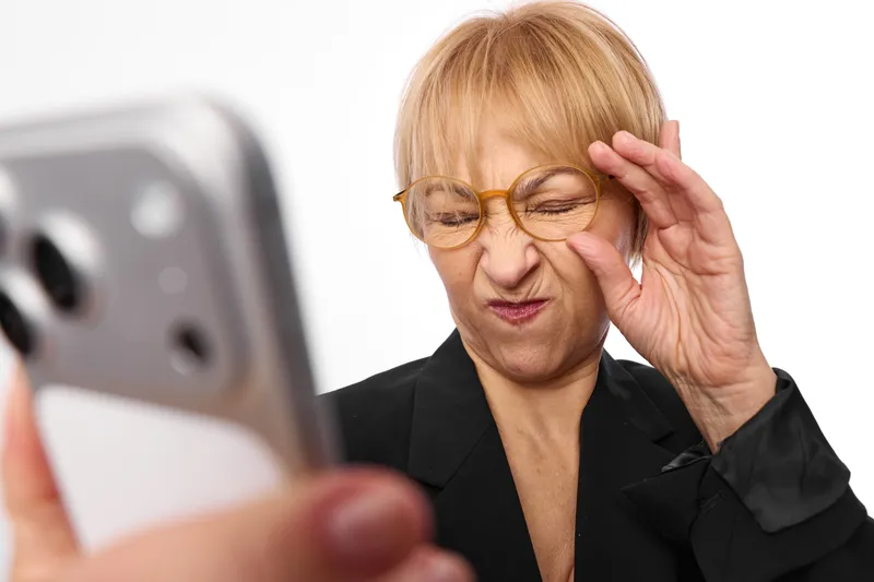 Woman senior stress headache glasses phone selfie anxiety burnout, hand on face, worried expression, indoor closeup portrait, smartphone screen, mental health concept