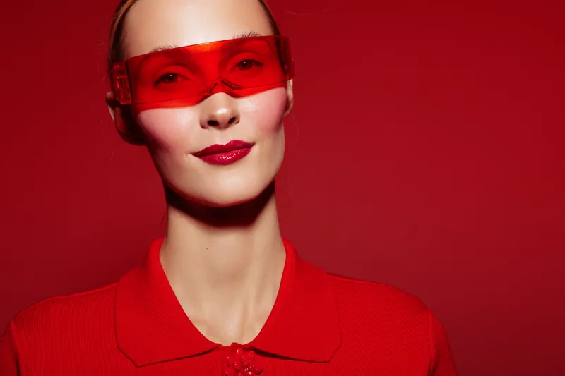 Portrait of a confident woman wearing red transparent visor and red outfit against red background. Concept of fashion, futuristic style, and bold color aesthetics in studio lighting.