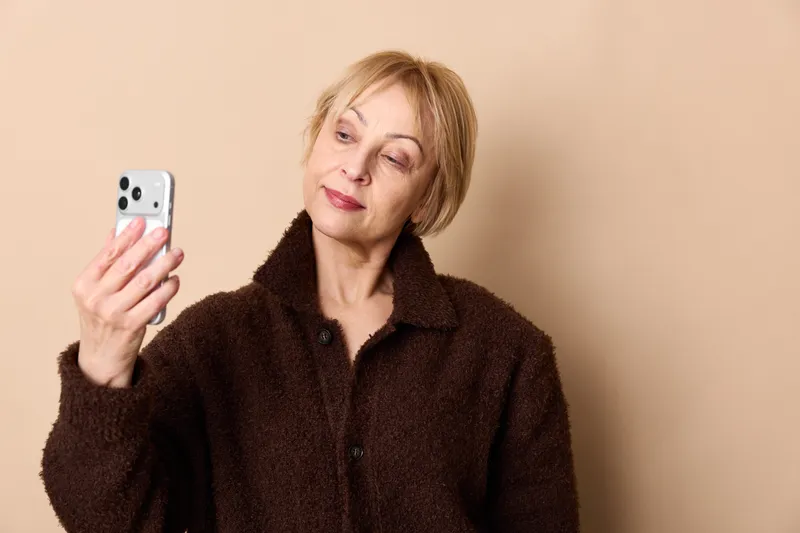 Woman smartphone selfie portrait adult communication technology smile, older woman holds smartphone for a selfie against warm beige background, calm expression, lifestyle.