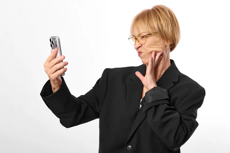 Senior woman with glasses holding smartphone, worried expression, hand on chin, thinking about communication, portrait on white background, technology concept, lighting