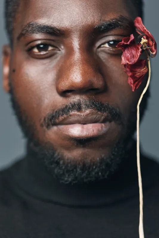 Black man portrait with dried red flower on face in creative conceptual visual style. Closeup of African ethnicity person with beard and serious expression on gray background.