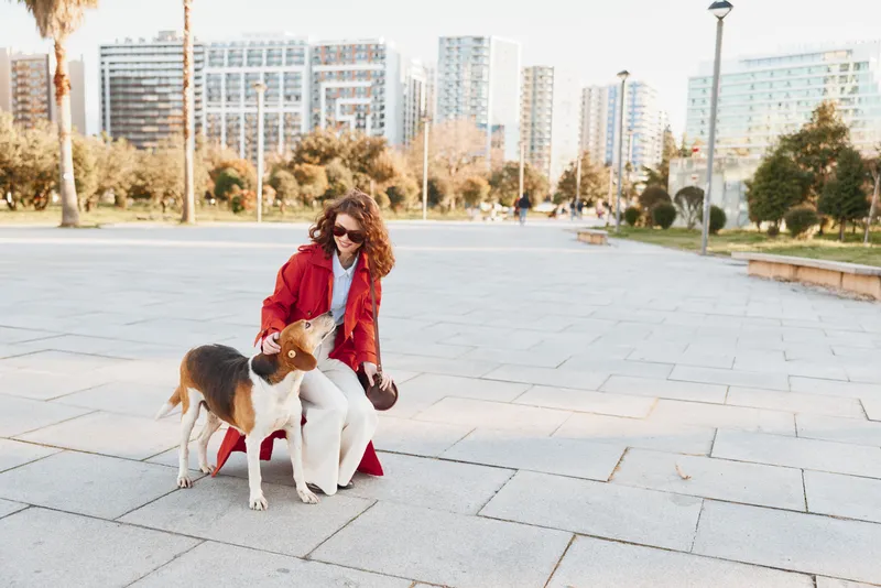 Young woman in a red coat kneels on a city plaza, greeting a dog as sunlight warms the pavement and trees line the background.