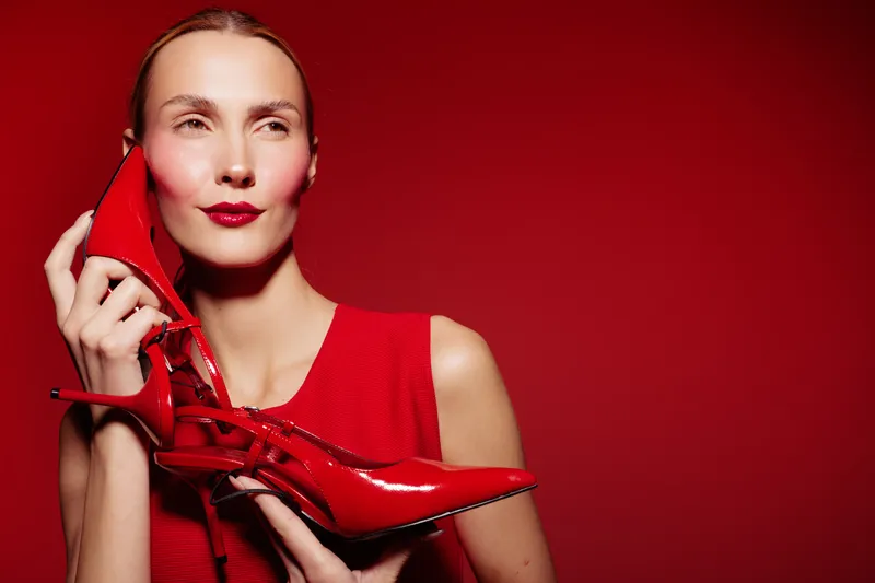 Stylish woman in red dress holds shiny red high heel shoes near face against red background. Concept of fashion, elegance, glamour, and bold color contrast in studio lighting.