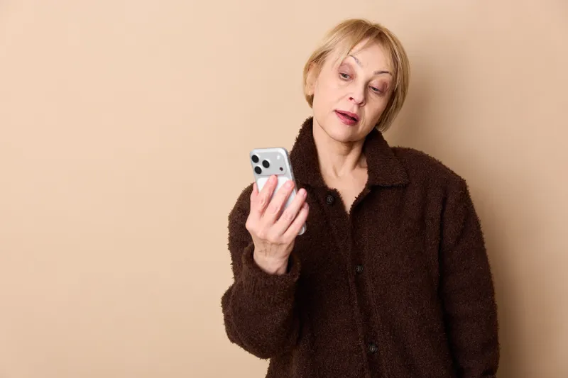 Woman smartphone senior portrait communication technology indoors beige blonde casual coat with fur, holding mobile phone, thinking and worried expression, closeup on beige background, copyspace