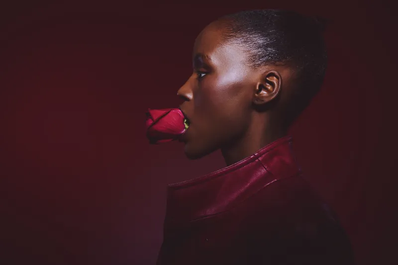 Profile of an African woman with dark skin holding a red rose in her mouth against a dark red background. Concept of beauty, elegance, and floral symbolism in portrait photography.