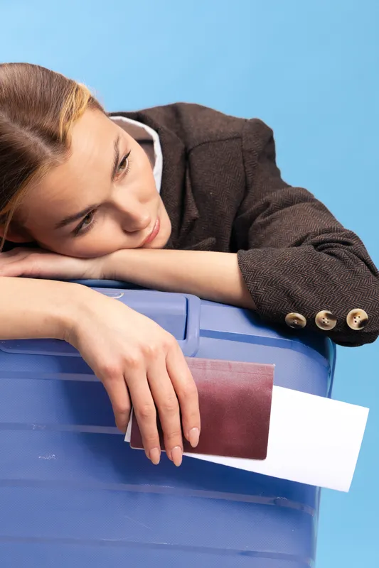 Young woman in brown jacket resting head on blue suitcase holds passport and ticket on blue background. Concept of travel preparation, waiting, and travel anxiety before trip.