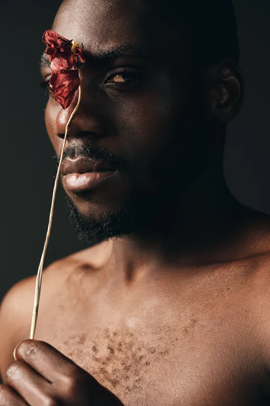 Creative conceptual portrait of African man with dark skin holding dried flower near face in studio. Artistic visual style with closeup, bare chest and moody lighting for emotional expression.