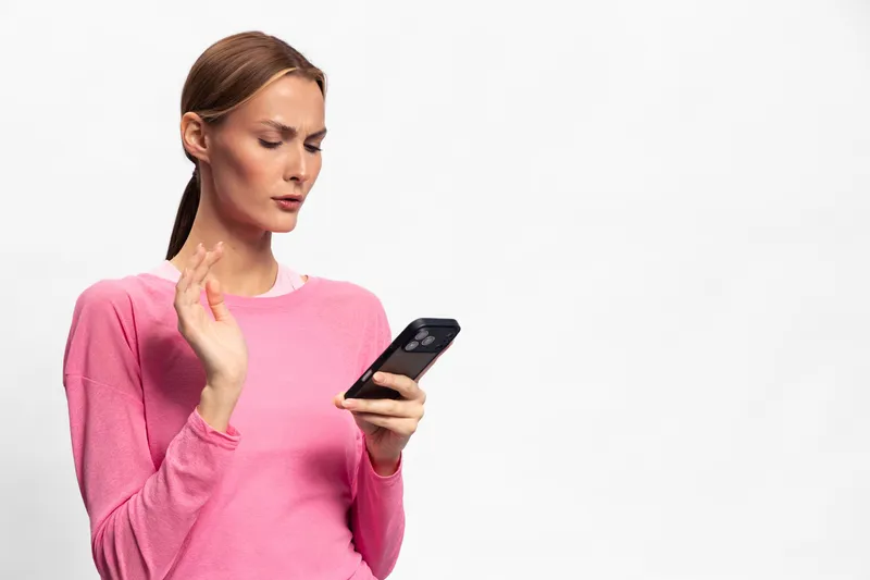 Serious woman in pink sweater looks at smartphone with raised hand on white background. Concept of rejection, ignoring message, and digital communication boundaries.