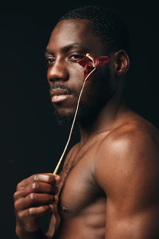African man with dark skin holding dried flower near face in creative conceptual visual style. Portrait of shirtless male with artistic expression on black background for beauty and emotion.